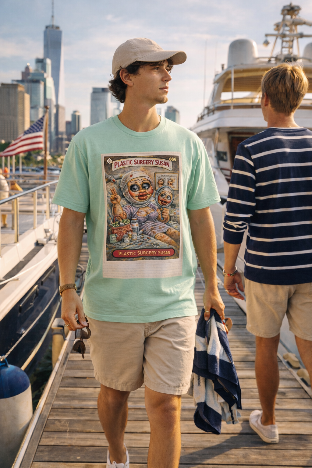 Young man wearing mint green Plastic Surgery Susan graphic t-shirt walking toward yacht at Tribeca Piers NYC summer lifestyle