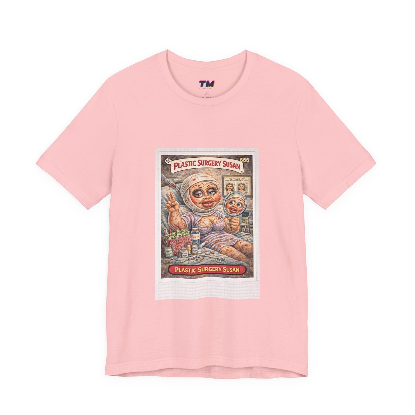 Pink Plastic Surgery Susan unisex graphic t-shirt front view featuring retro parody card artwork