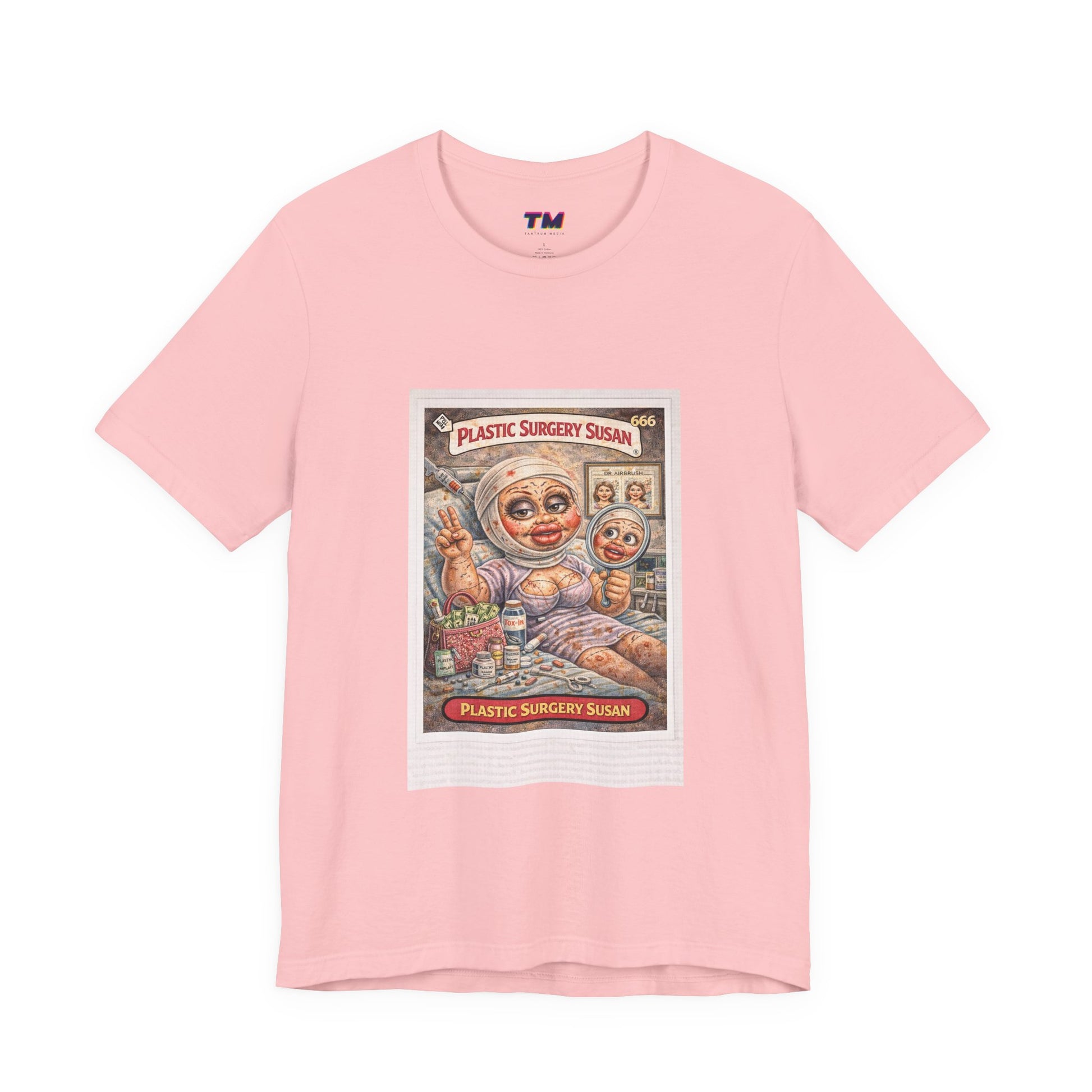 Pink Plastic Surgery Susan unisex graphic t-shirt front view featuring retro parody card artwork