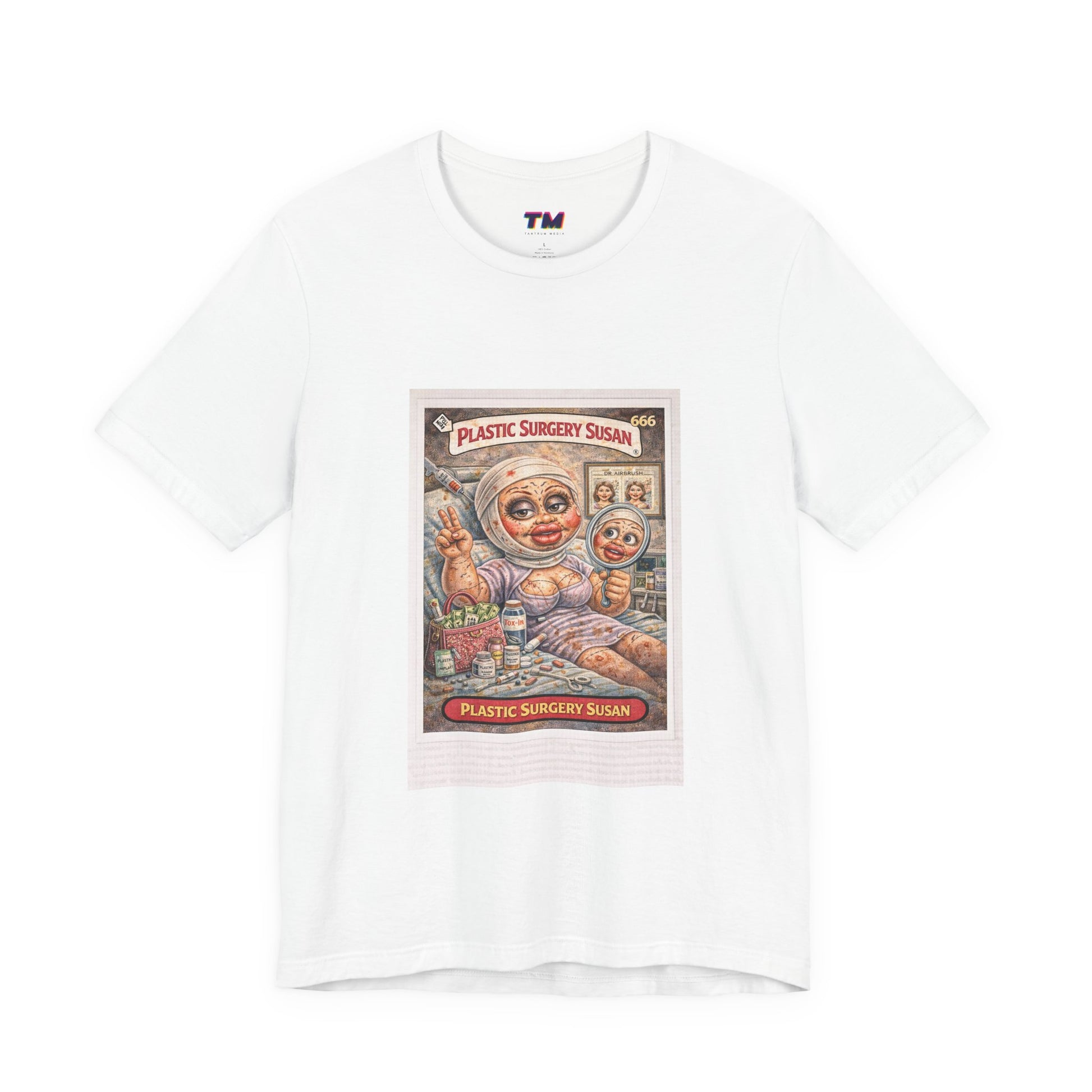 White Plastic Surgery Susan unisex graphic t-shirt front view clean base with bold retro print