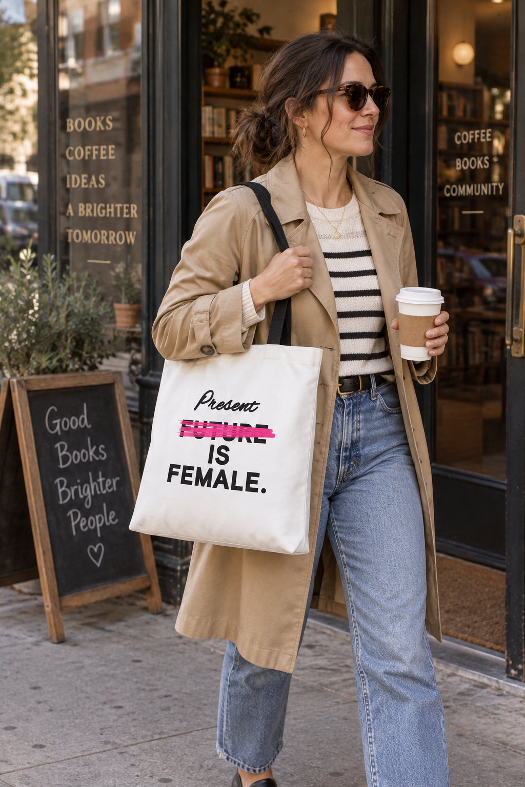 Woman carrying Present Is Female feminist tote bag in a city café lifestyle scene