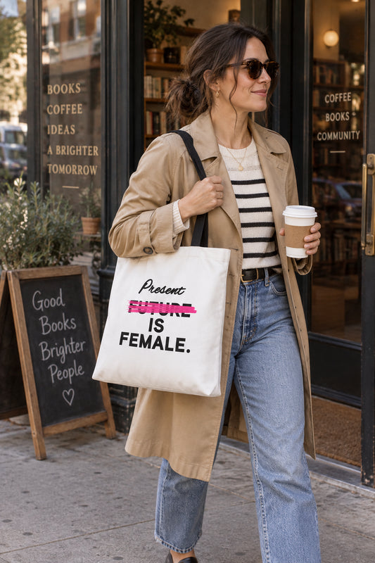 Woman carrying Present Is Female feminist tote bag in a city café lifestyle scene