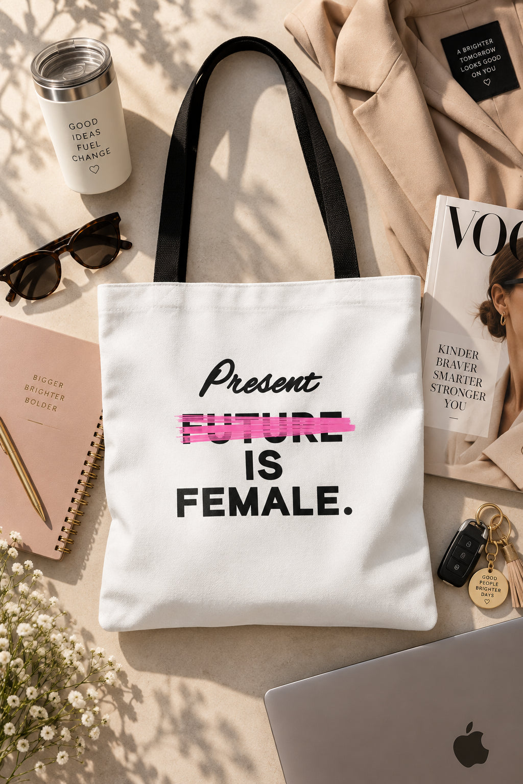 Present Is Female feminist statement tote bag flat lay with everyday accessories