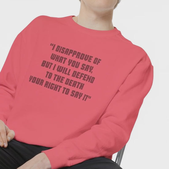 Model wearing a coral Freedom of Speech sweatshirt seated on a stool against a studio backdrop.