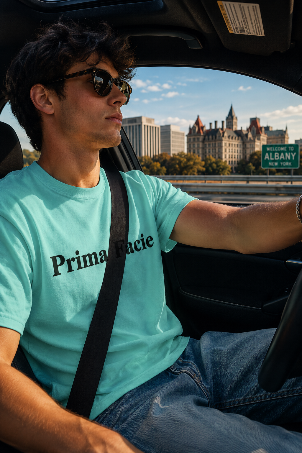 Male Gen Z wearing a mint Prima Facie graphic T-shirt while driving to work near Albany, New York in a cinematic editorial photography mockup with pop colors and warm sunlight.