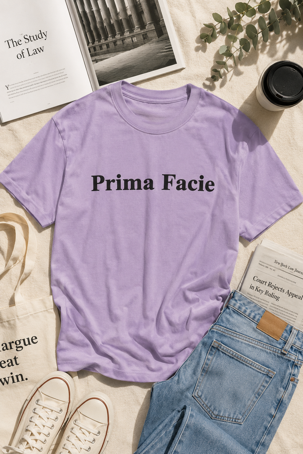 Editorial flat lay of a lavender Prima Facie graphic T-shirt styled with fashion accessories, coffee cup, newspaper, sunglasses, jewelry, black leather handbag, and purple flowers in soft cinematic daylight.