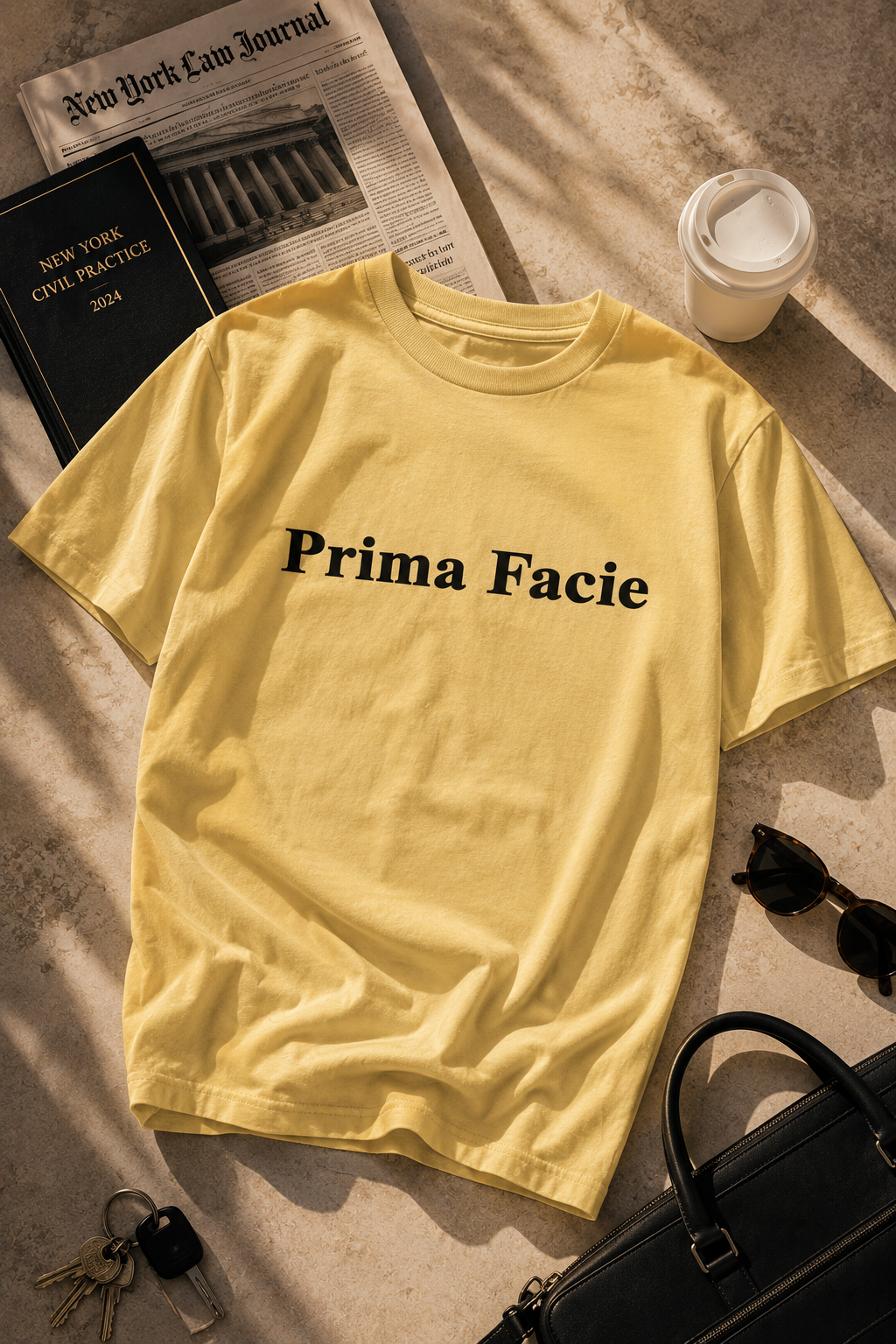 Editorial flat lay of a pale yellow Prima Facie graphic T-shirt styled with legal books, courthouse newspaper, sunglasses, coffee cup, keys, and black leather briefcase in warm cinematic lighting.