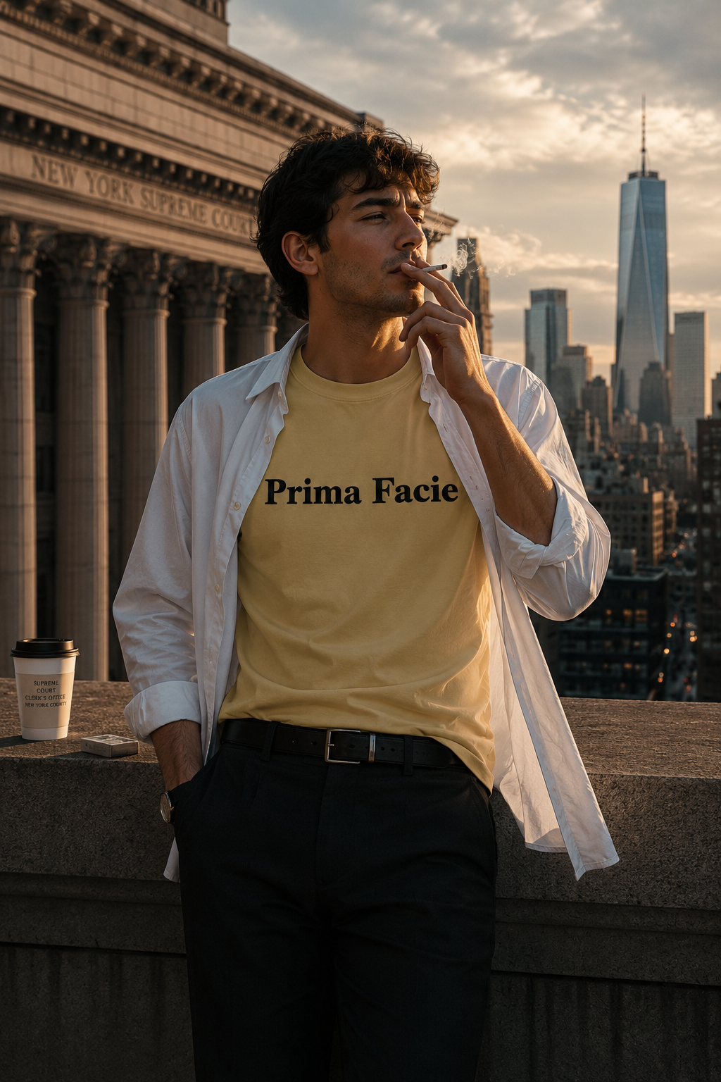 Young millennial court clerk wearing a Prima Facie graphic T-shirt under an open white dress shirt while smoking a cigarette on the rooftop of the New York Supreme Court building overlooking downtown Manhattan at golden hour.