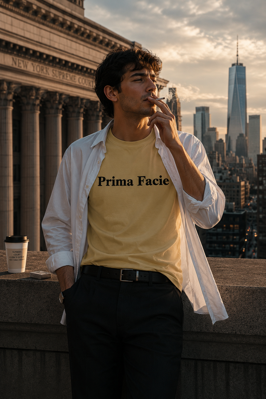 Young millennial court clerk wearing a Prima Facie graphic T-shirt under an open white dress shirt while smoking a cigarette on the rooftop of the New York Supreme Court building overlooking downtown Manhattan at golden hour.