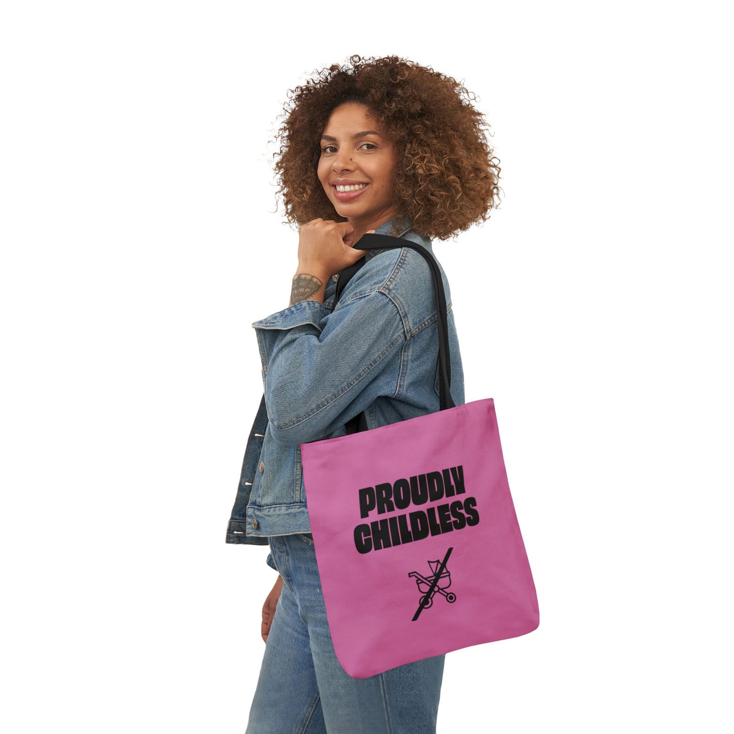 Lifestyle mockup of a pink Proudly Childless childfree statement tote bag