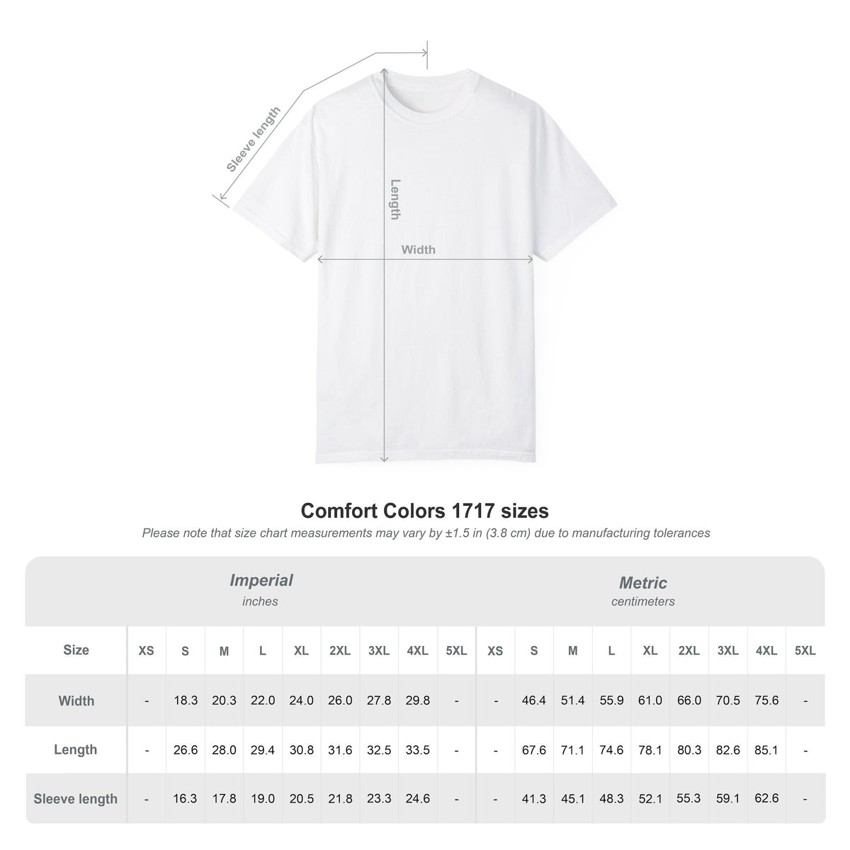 Comfort Colors 1717 unisex T-shirt size chart with width, length and sleeve measurements from S to 4XL