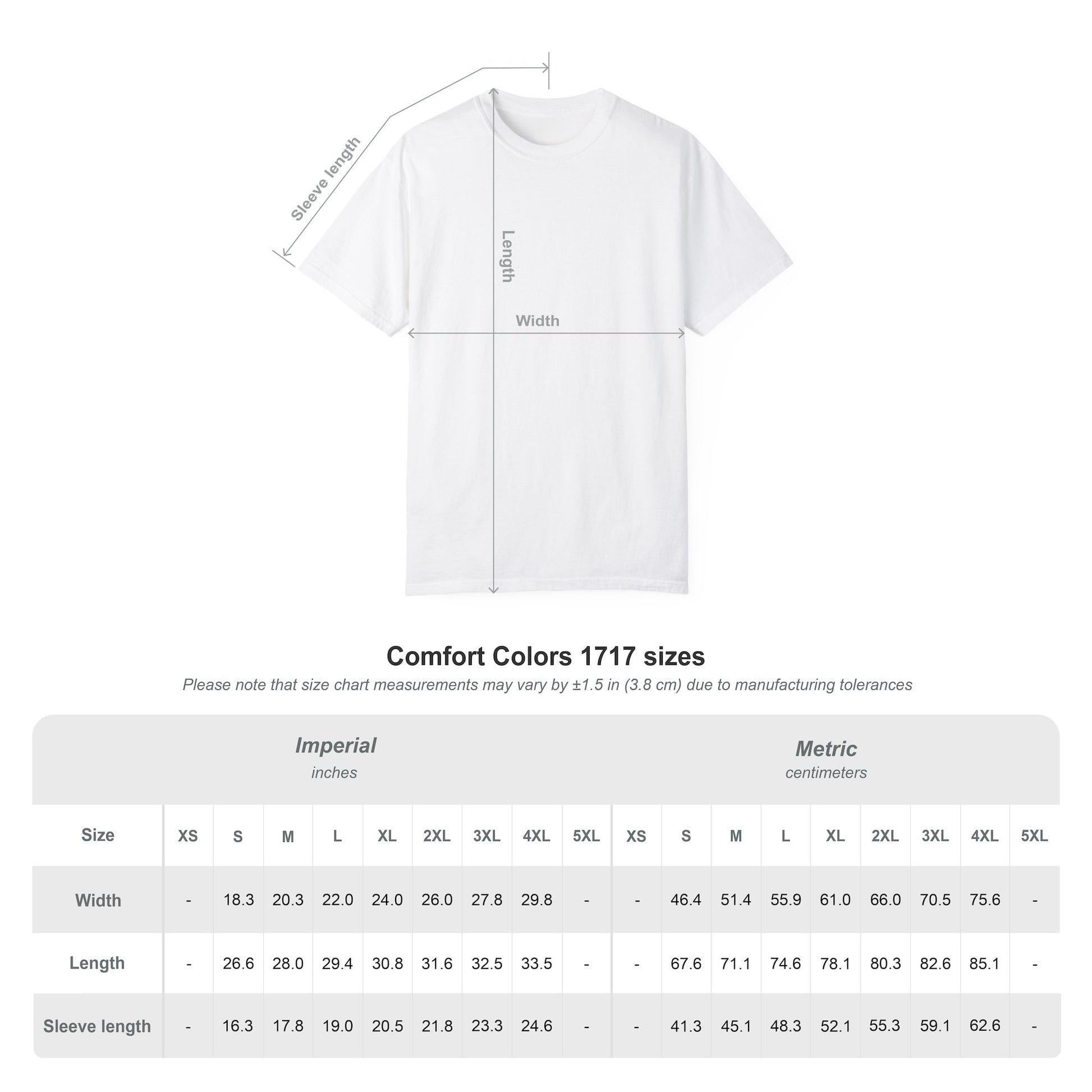 Comfort Colors 1717 unisex T-shirt size chart with width, length and sleeve measurements from S to 4XL