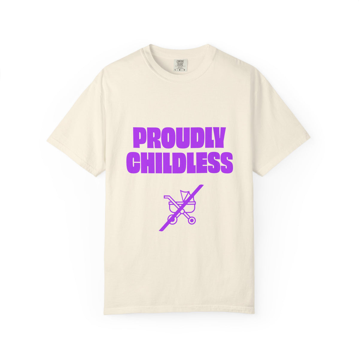 Cream Proudly Childless unisex graphic T-shirt with purple crossed-out stroller design