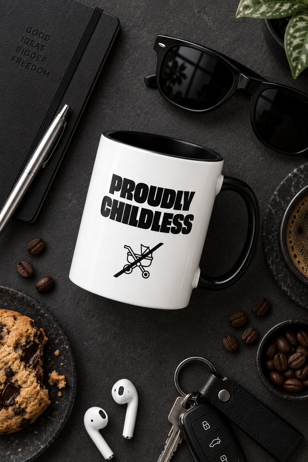 Black Proudly Childless Mug styled in a dark flat lay with coffee, sunglasses and accessories