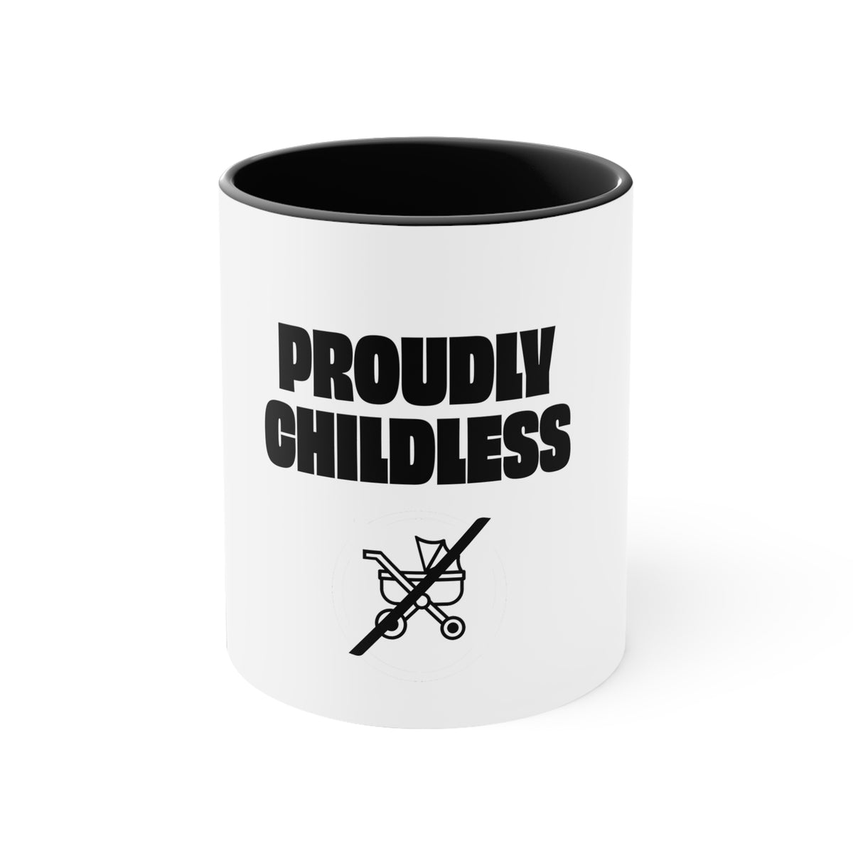 Proudly Childless mug with black interior and handle