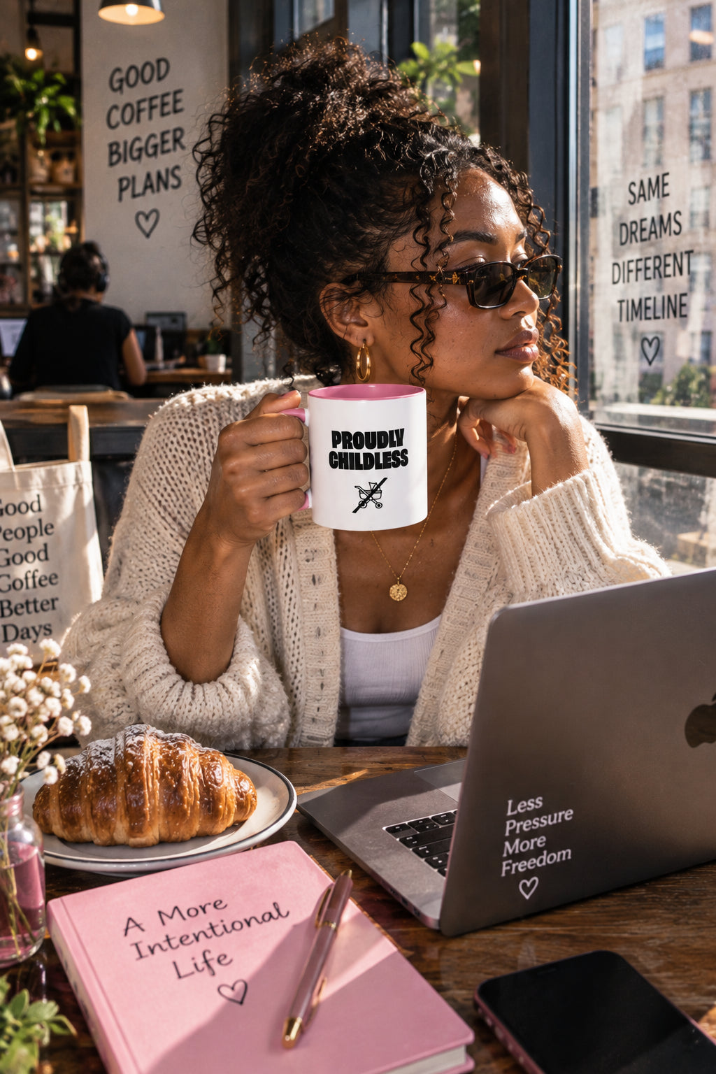 Young Black woman holding the pink Proudly Childless Mug while working in a sunlit café