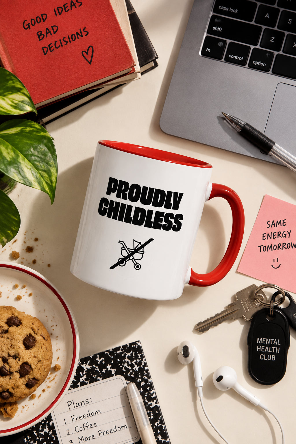 Proudly Childless Mug styled flat lay with laptop, books and desk accessories