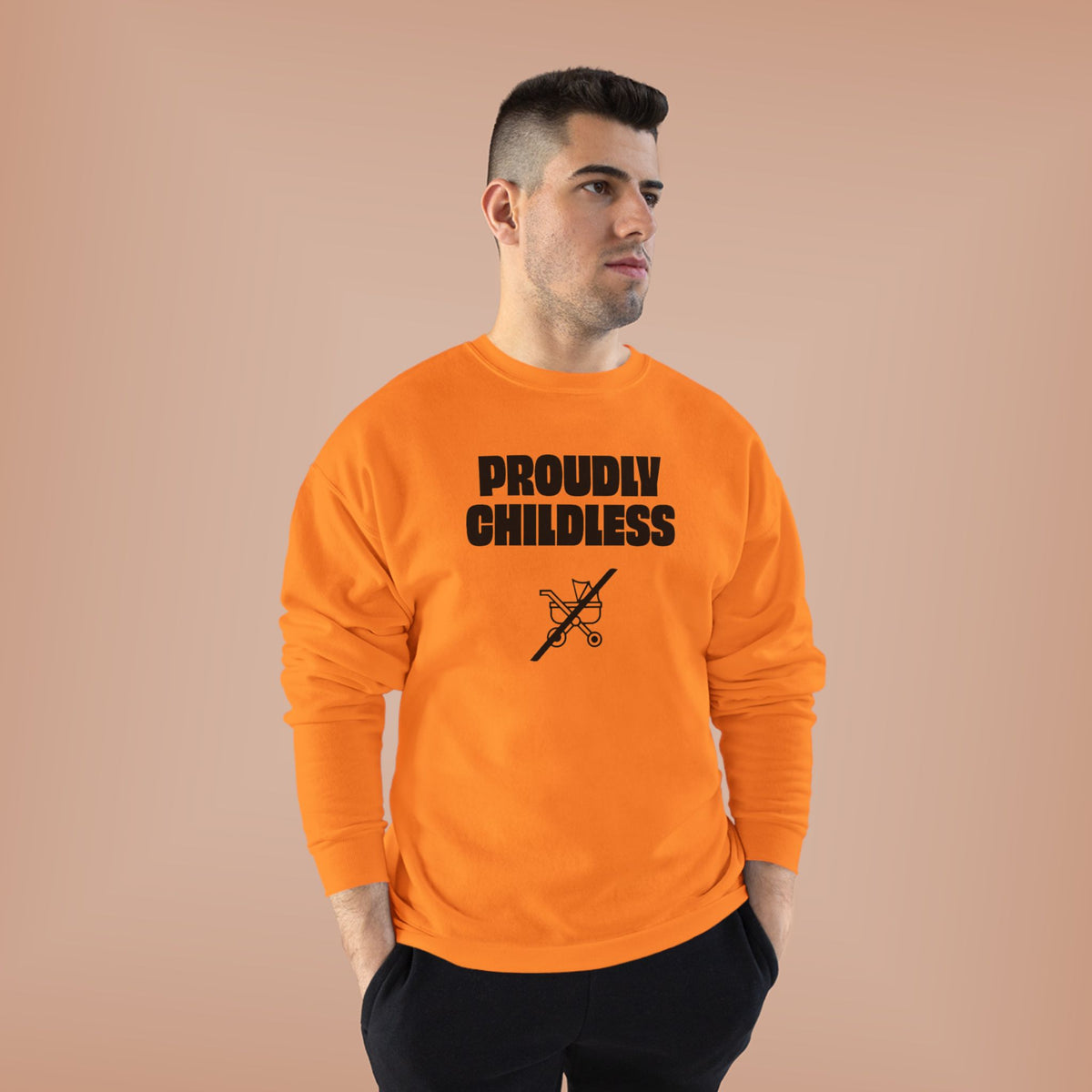 Man wearing the orange Proudly Childless Sweatshirt in a casual unisex studio fit.