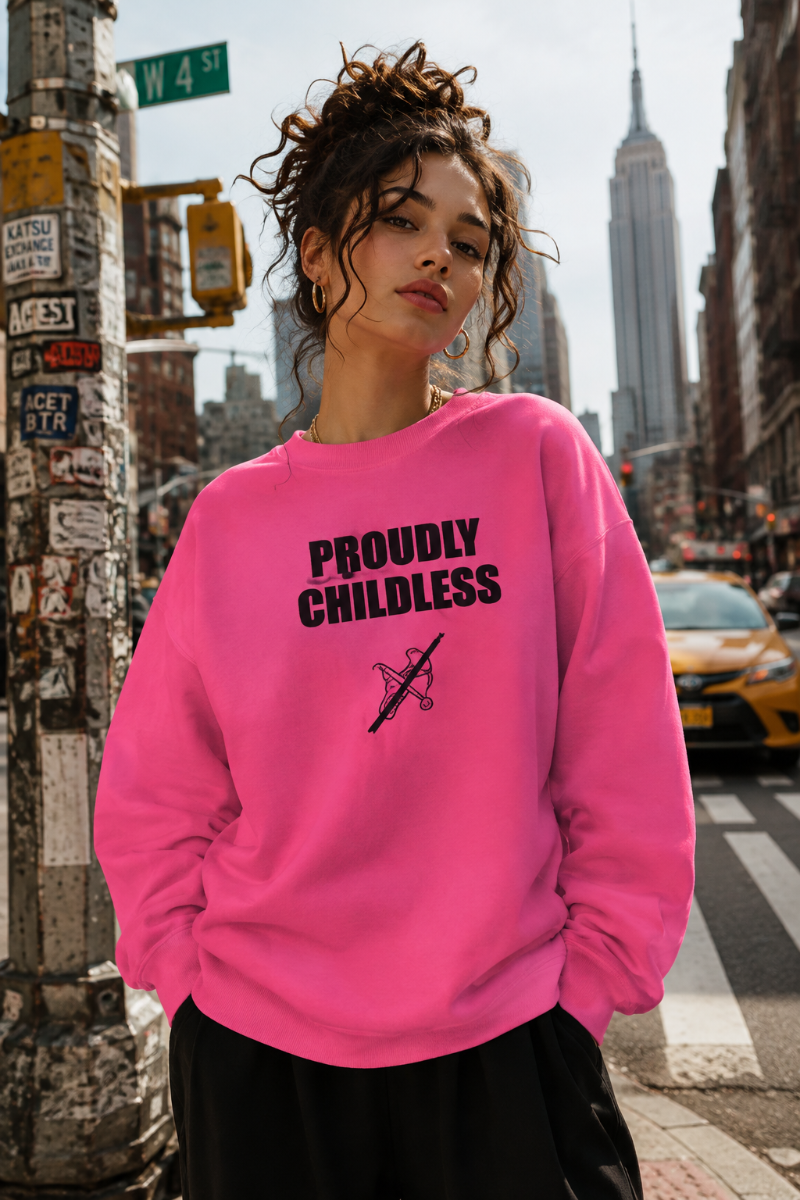 Gen Z woman wearing the pink Proudly Childless Sweatshirt on a New York City street with the graphic clearly visible.