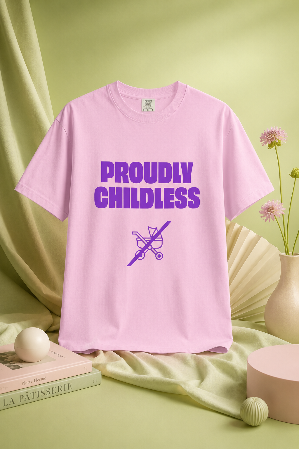 Pink Proudly Childless graphic T-shirt displayed in a pastel lime editorial setting