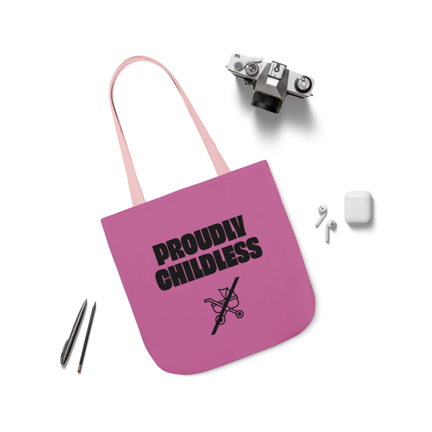 Pink Proudly Childless canvas tote bag with pale pink shoulder handles