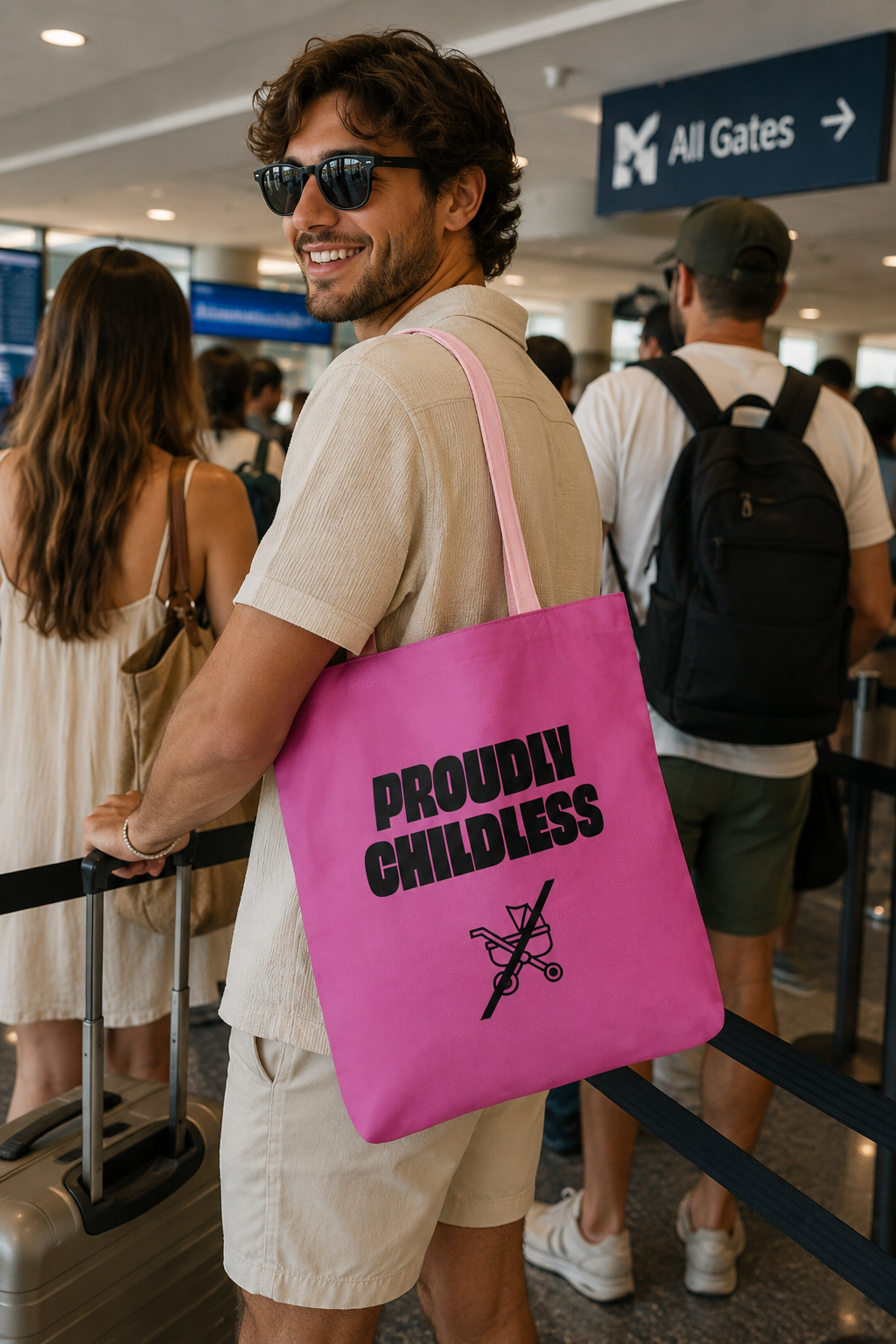Male traveler carrying a pink Proudly Childless tote bag while waiting in a small airport