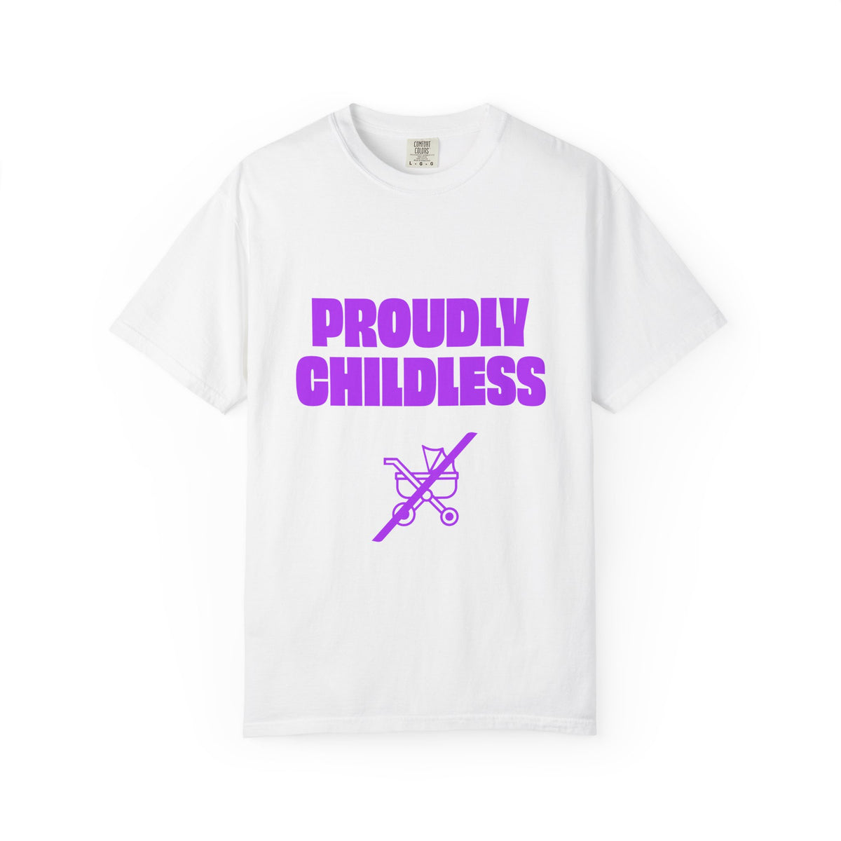 White Proudly Childless unisex graphic T-shirt with purple crossed-out stroller artwork
