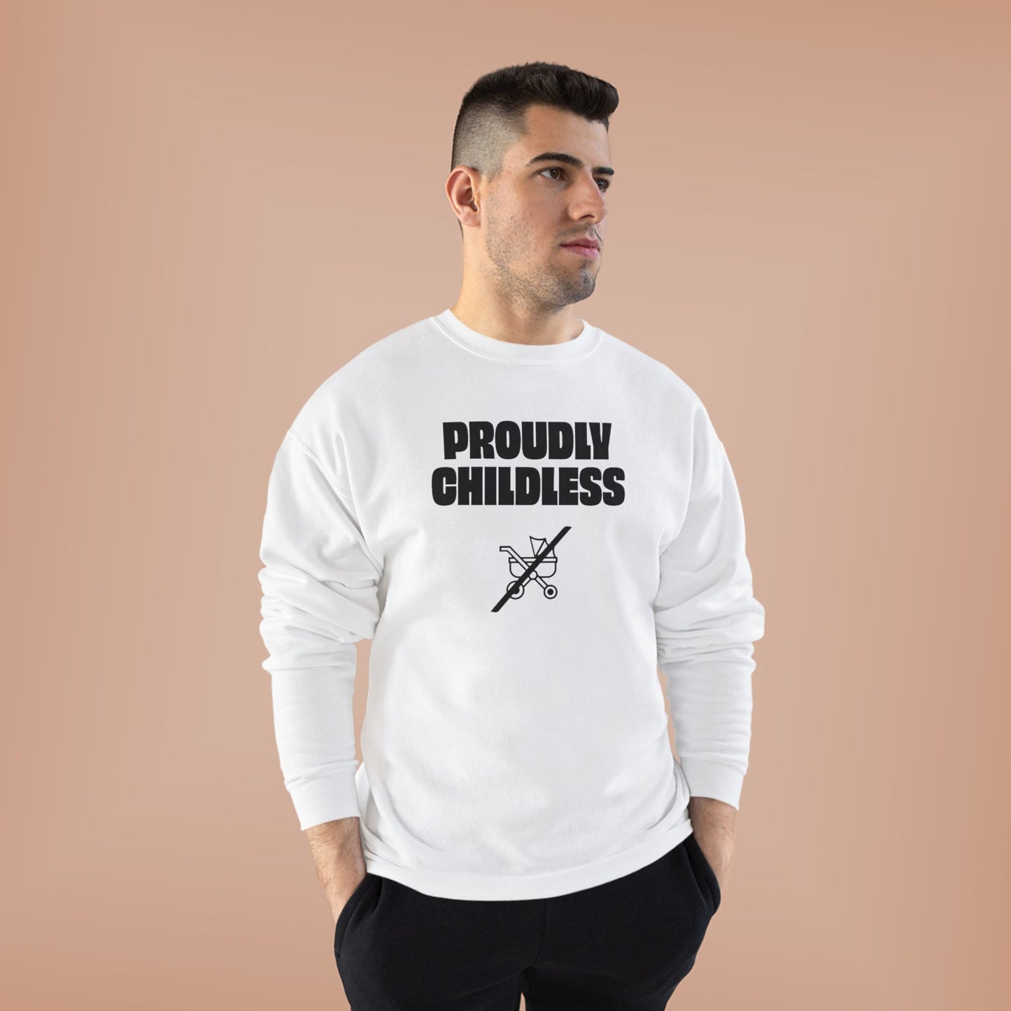 Man wearing the white Proudly Childless Sweatshirt in a casual studio look.