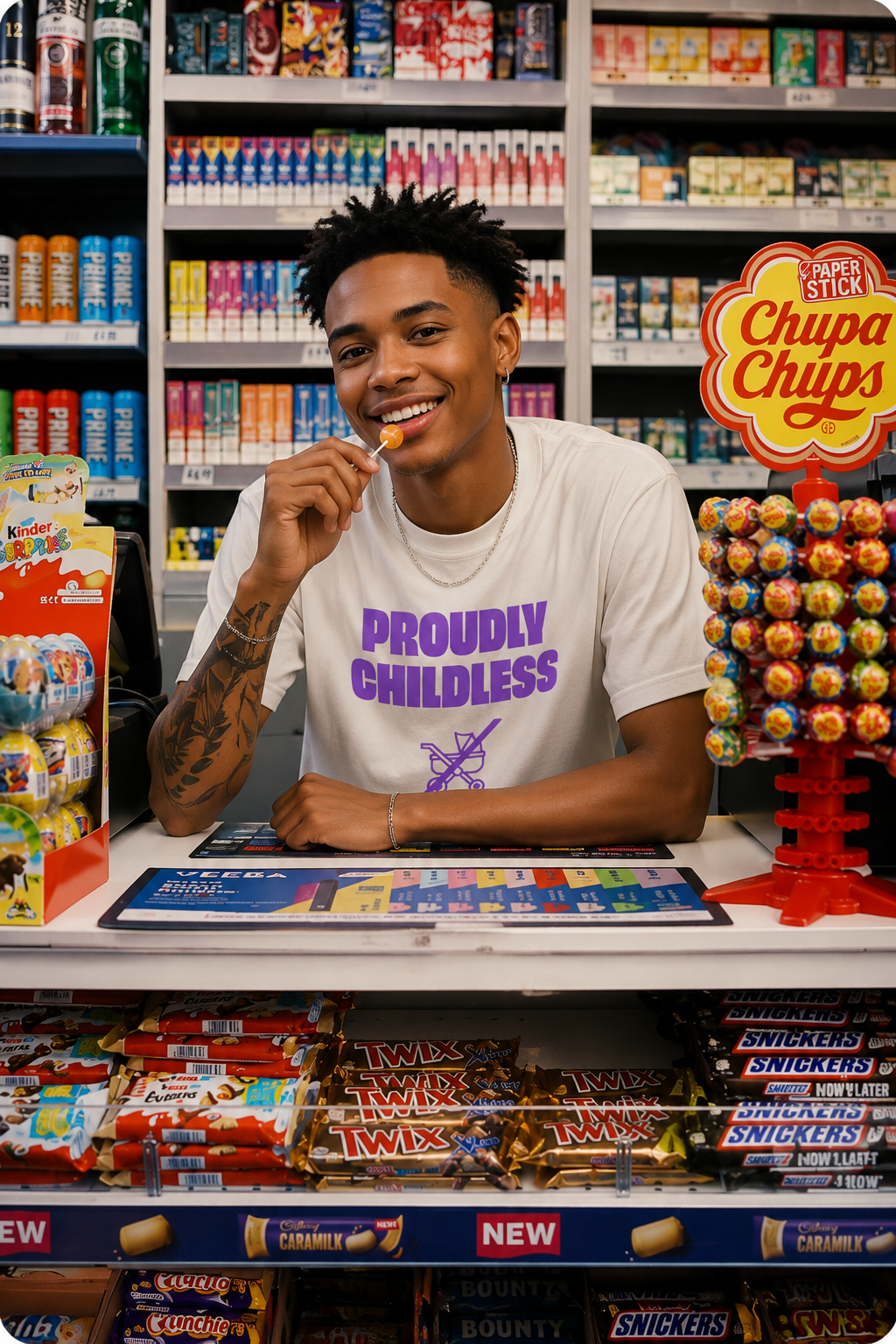 Smiling male model wearing a white Proudly Childless graphic T-shirt in a colorful convenience store