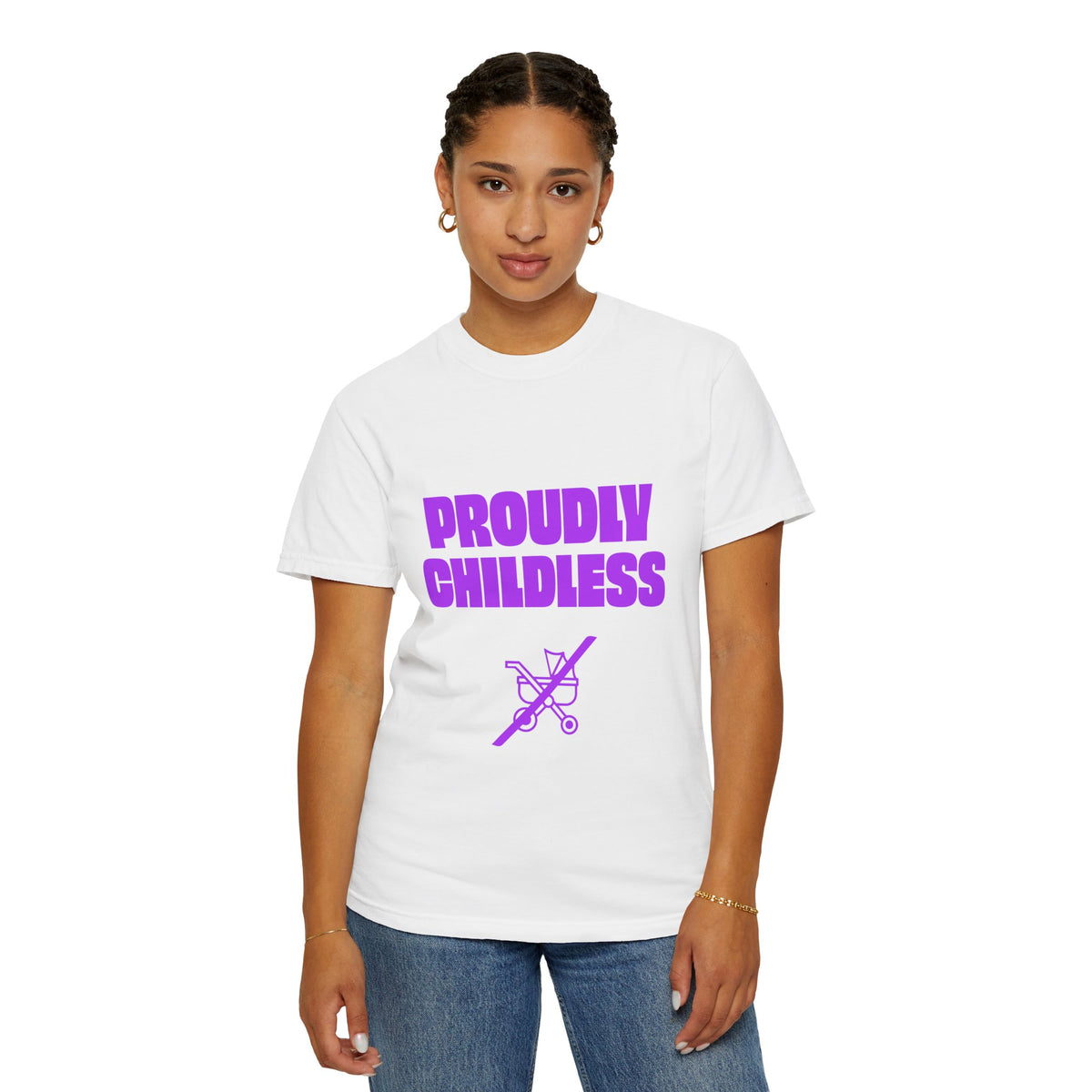 Female model wearing a white Proudly Childless unisex graphic T-shirt with blue jeans
