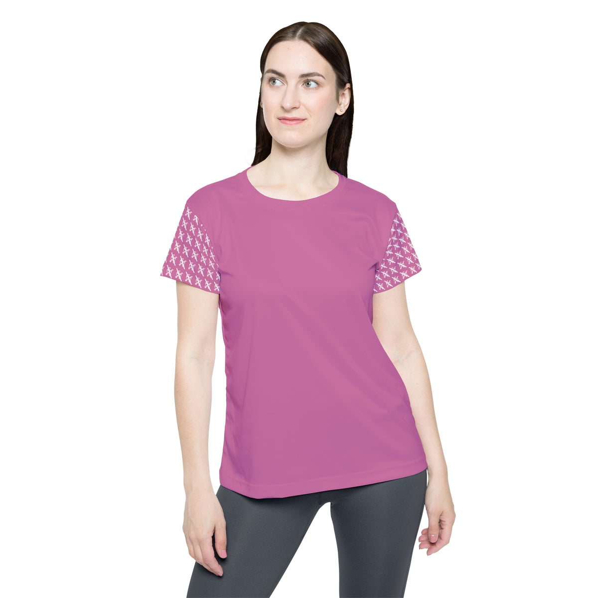 Front view of the pink Proudly Childless Women’s Jersey with patterned sleeves