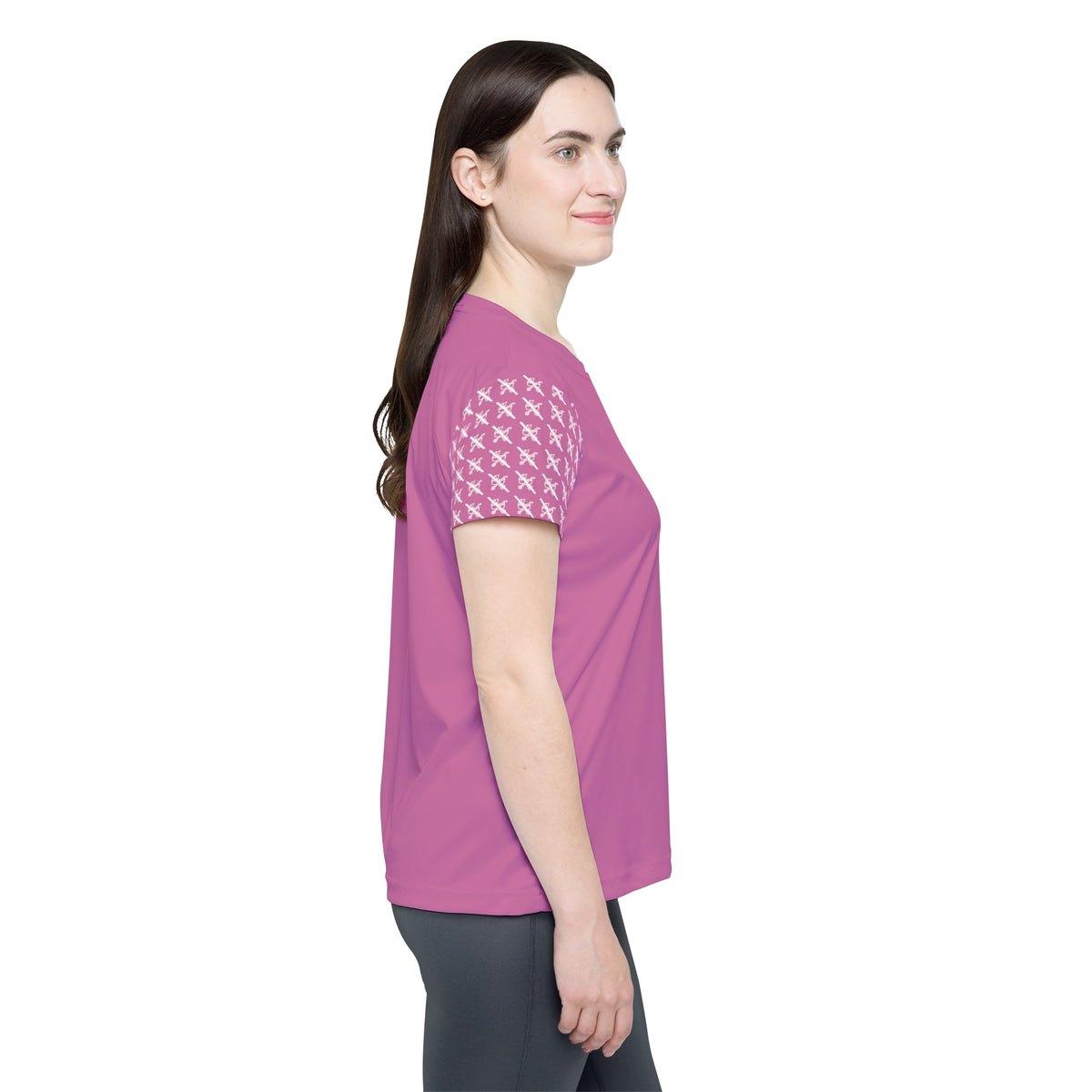 Side view of the pink Proudly Childless Women’s Jersey with contrast patterned sleeves