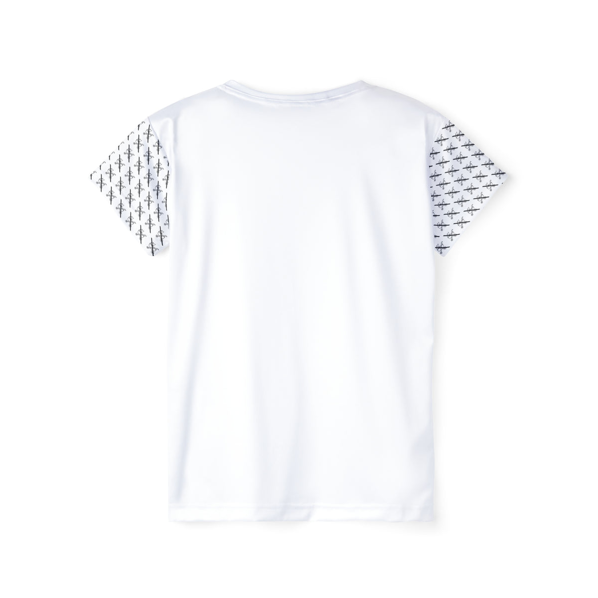 Back view of the white Proudly Childless Women’s Jersey with patterned sleeves