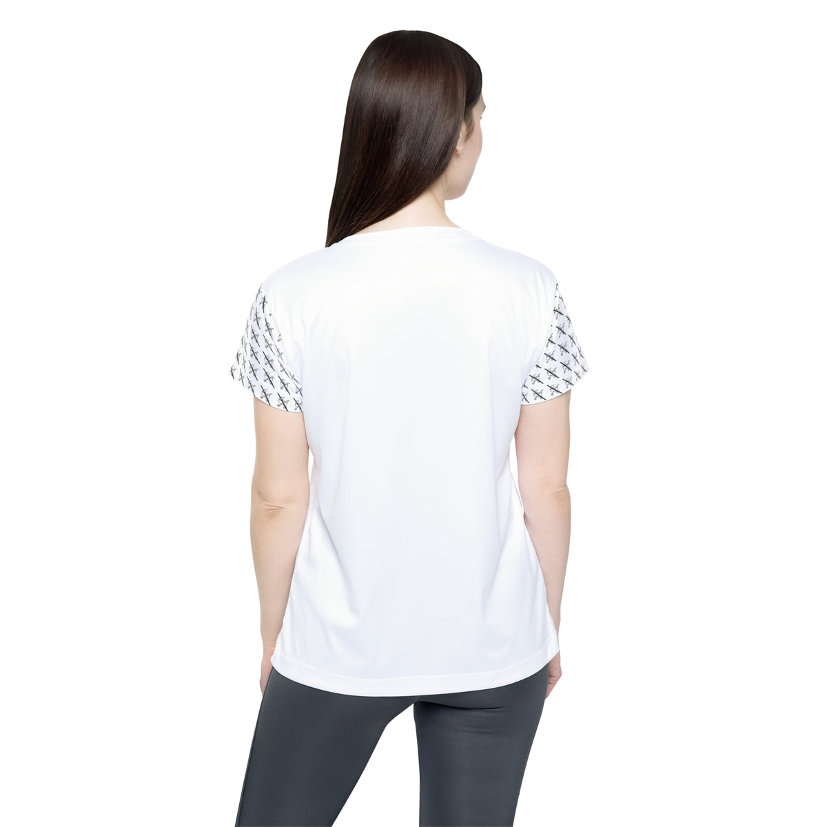 Back view of woman wearing the white Proudly Childless Women’s Jersey