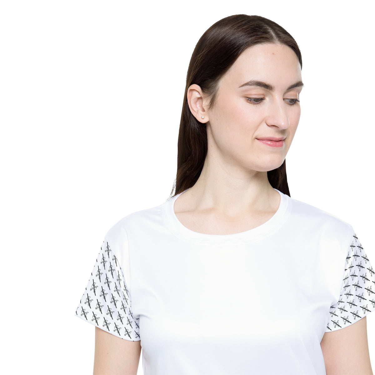 Close-up of woman wearing the white Proudly Childless Women’s Jersey with graphic sleeve pattern