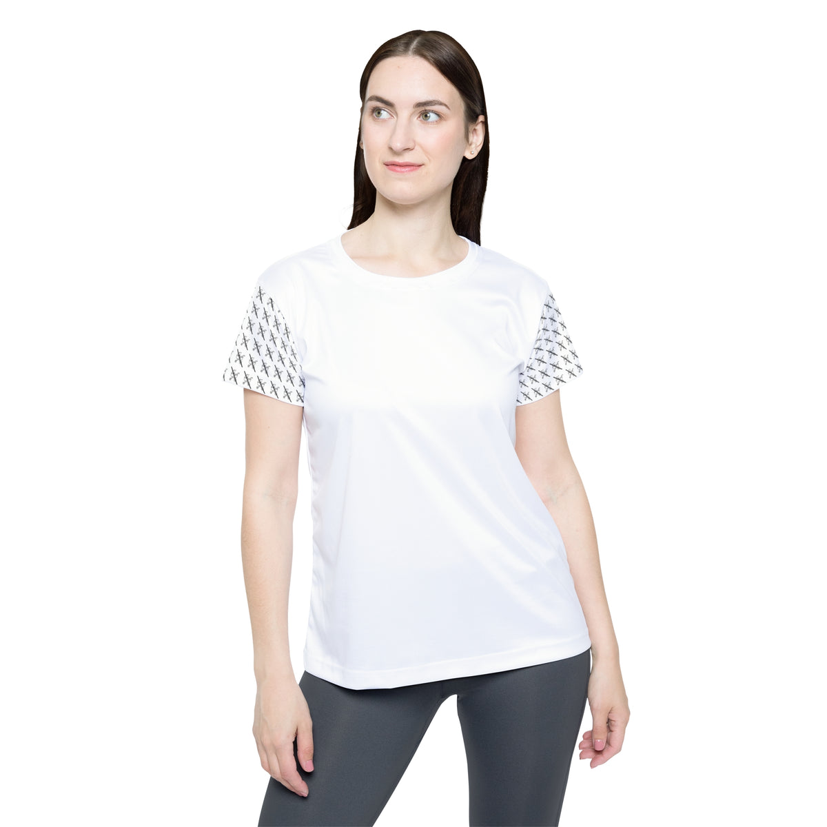 Front view of woman wearing the white Proudly Childless Women’s Jersey in a fitted activewear style