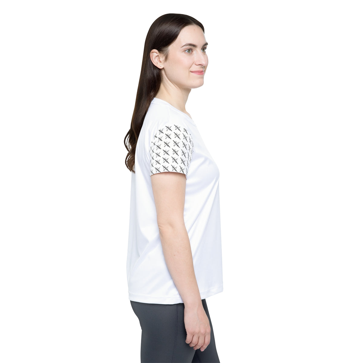 Side view of woman wearing the white Proudly Childless Women’s Jersey with patterned sleeves