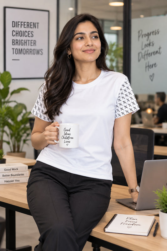 Millennial Indian woman wearing the white Proudly Childless Women’s Jersey in a modern workplace