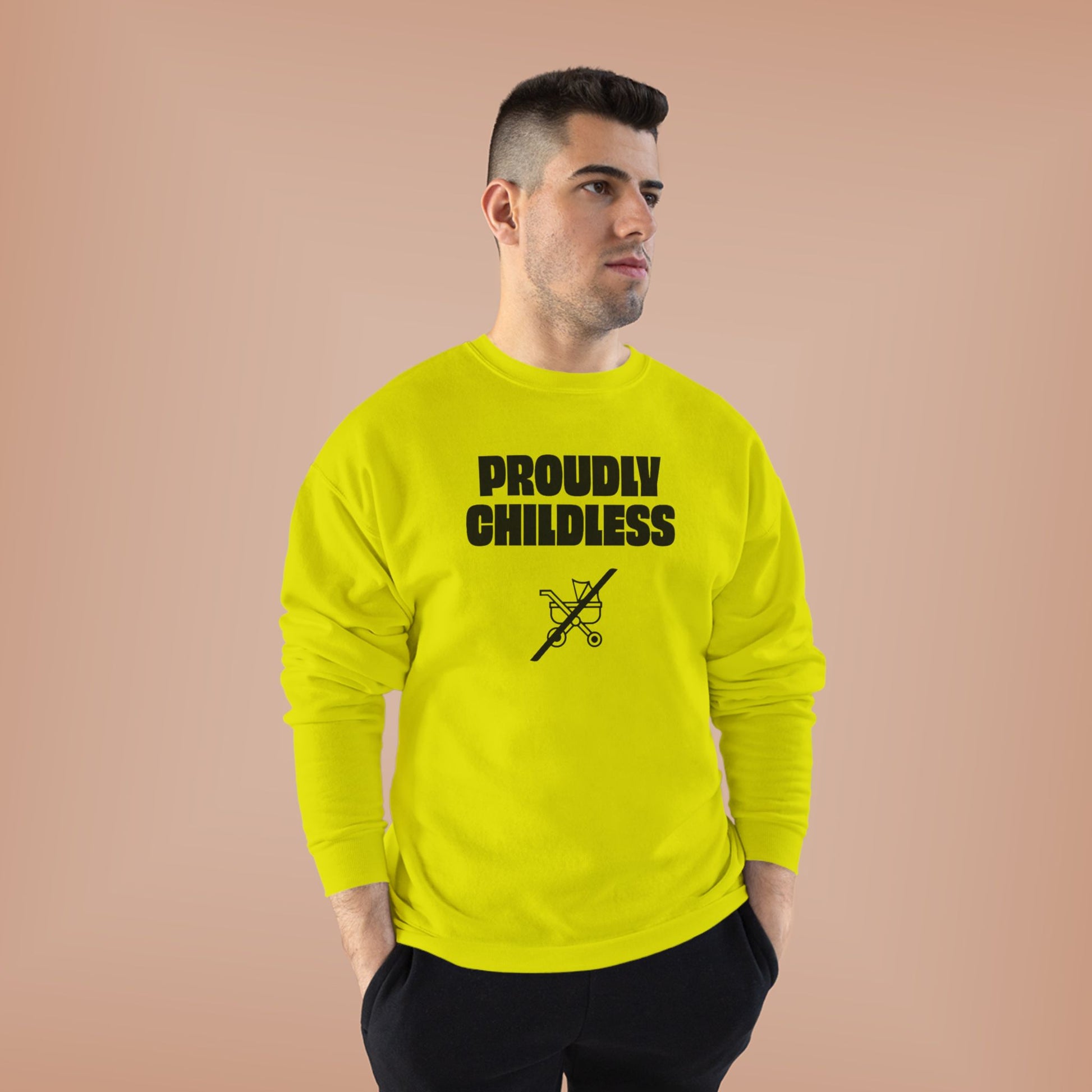 Man wearing the bright yellow Proudly Childless Sweatshirt in a relaxed unisex fit.