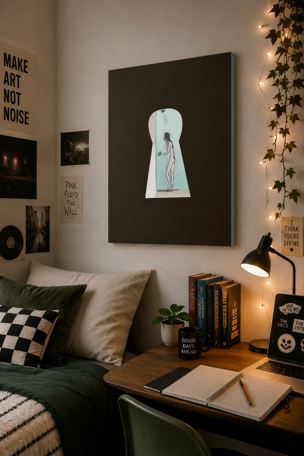 “Psycho” canvas wall art by indie NYC artist @socialtantrum in a cool college dorm room