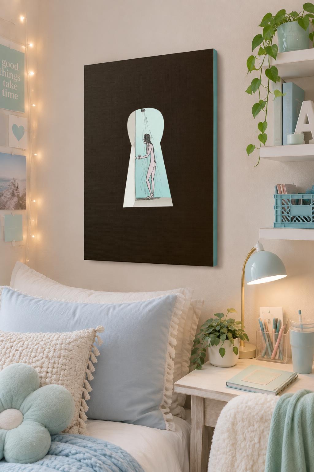 “Psycho” canvas wall art by NYC artist @socialtantrum displayed in a pastel college dorm room