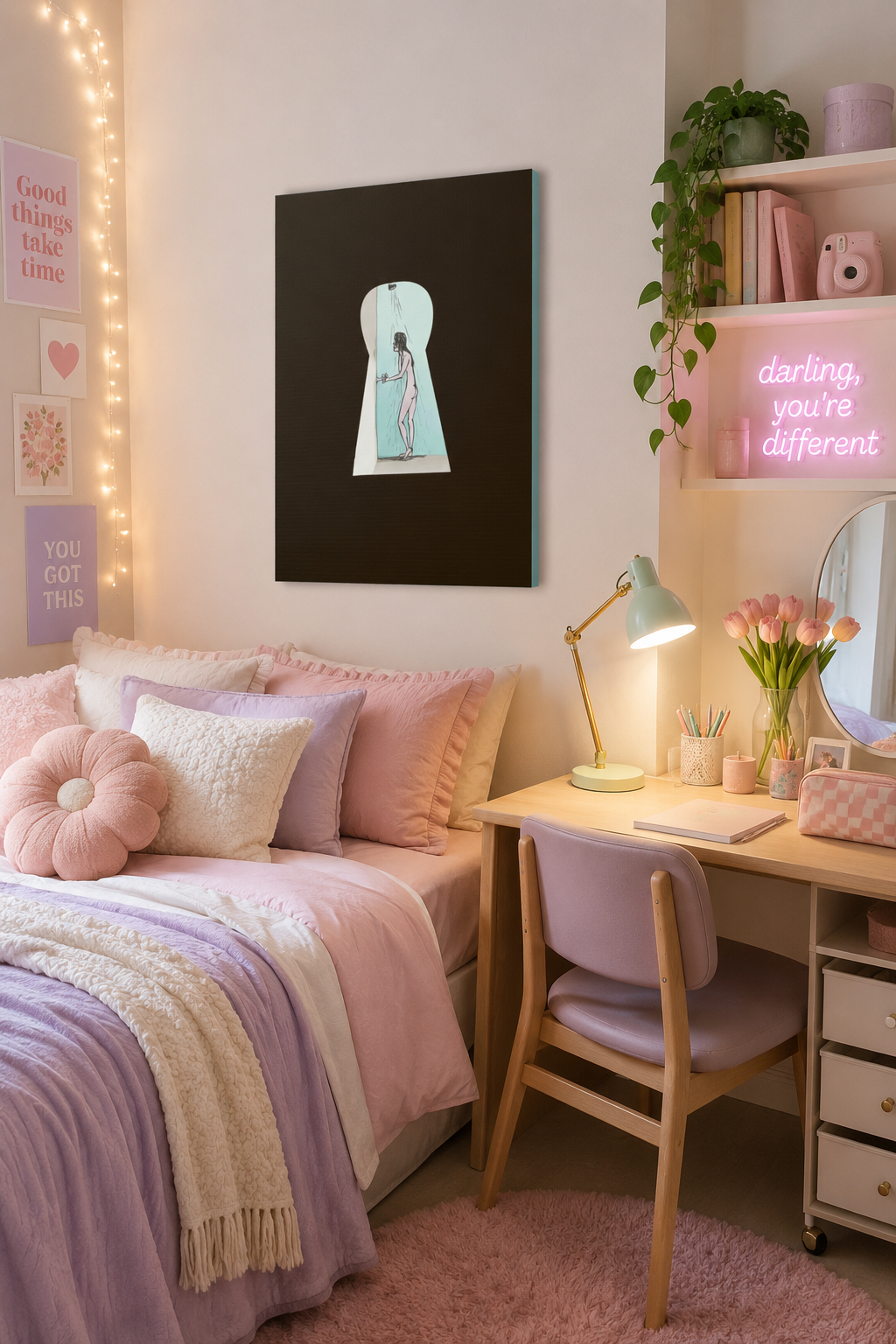 “Psycho” canvas wall art displayed in a pink and lavender college dorm room with pastel decor