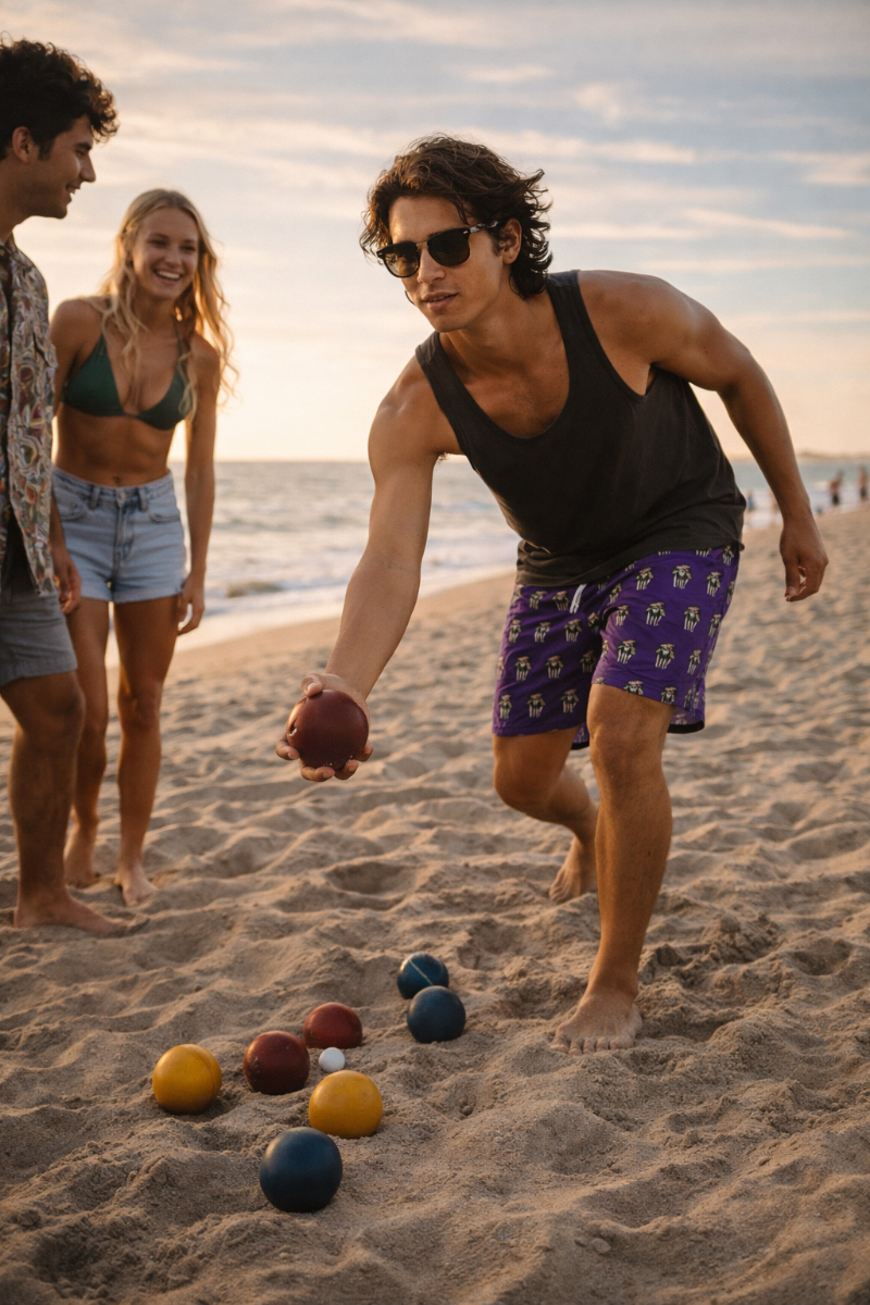 Man playing beach game wearing purple 8-bit zebra arcade swim shorts with friends at sunset
