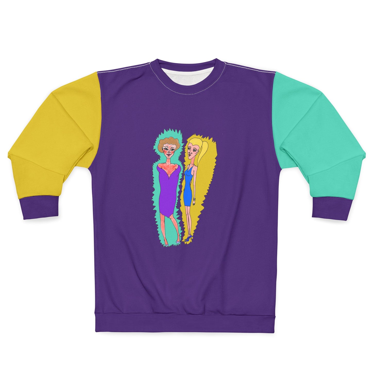 Front view of purple sweatshirt with yellow and mint sleeves and original illustrated artwork