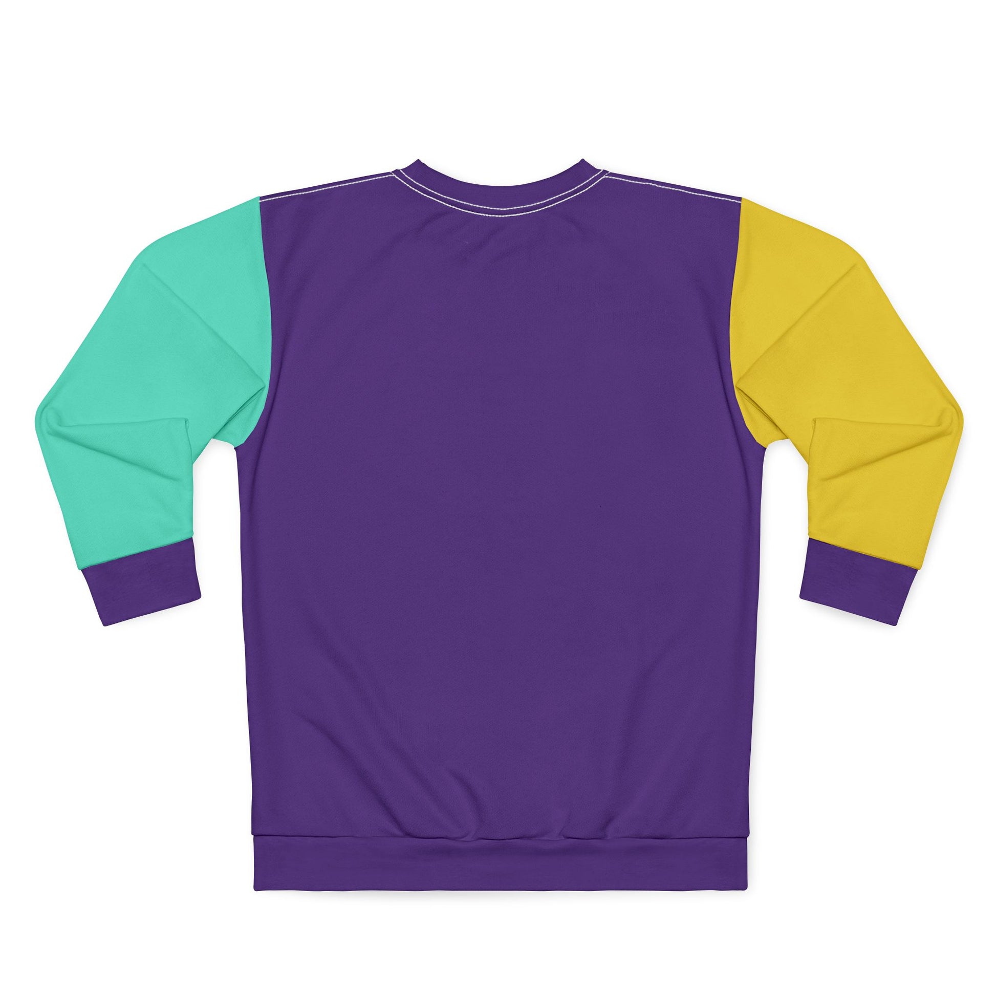 Back view of purple colorblock sweatshirt with yellow and mint sleeves