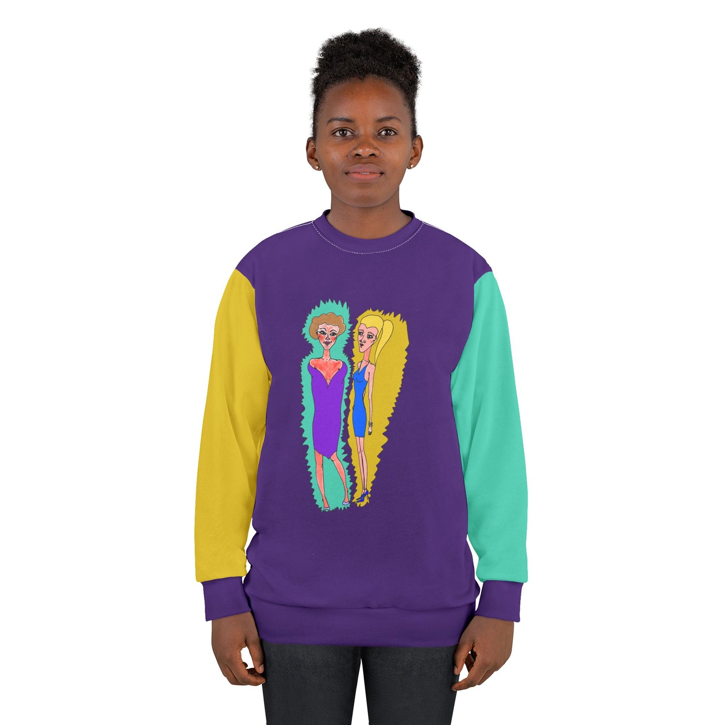 Female model wearing the purple graphic sweatshirt with yellow and mint colorblock sleeves