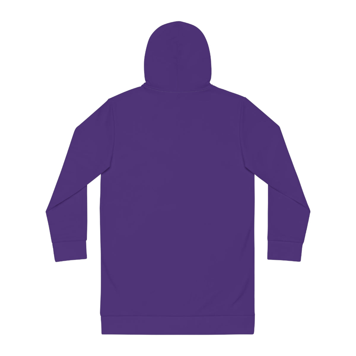 Back flat lay view of purple hoodie dress showing long oversized silhouette and hood