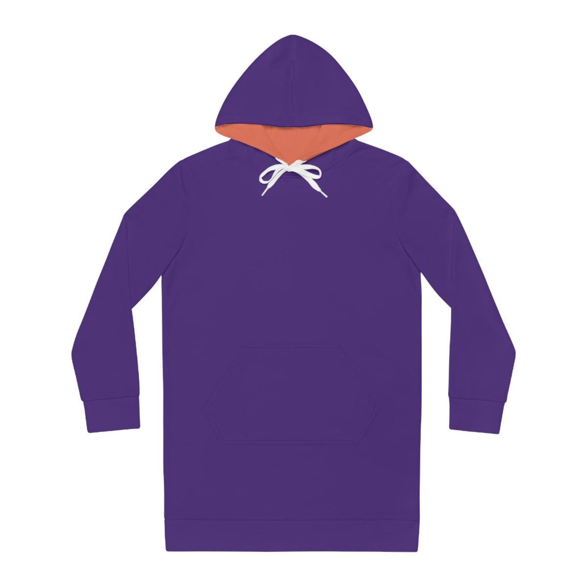 Front flat lay view of purple hoodie dress showing orange hood interior and drawstring detail