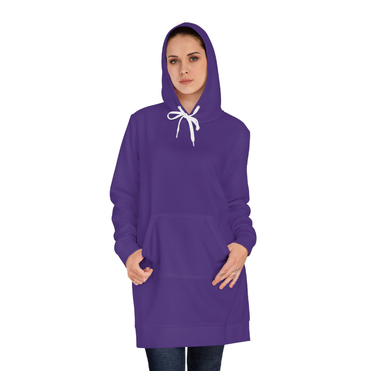 Front view of model wearing purple hoodie dress with pocket and drawstrings, relaxed fit