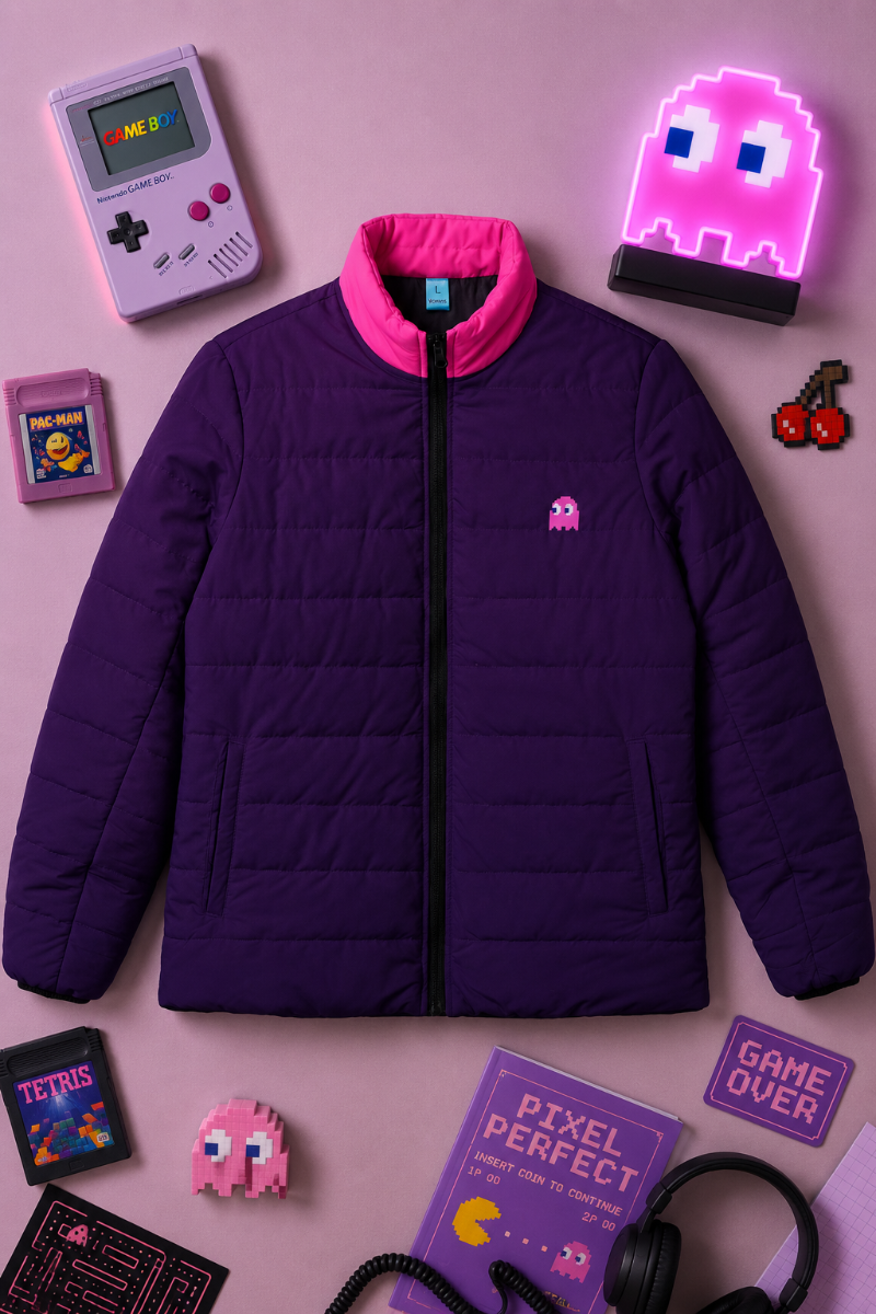 Purple and hot pink pixel ghost puffer jacket styled in a retro gaming flat lay with arcade-inspired accessories